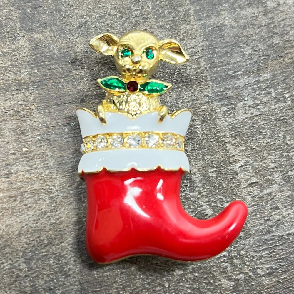 Cute Vintage Gold Tone Christmas Puppy in Stocking Red Boot Brooch Pin
